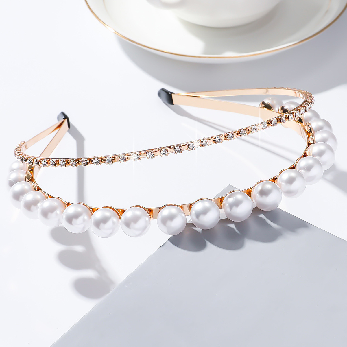 Nueva versión coreana de joyas para el cabello de diamante de perla doble cinturón de cabello de novia simple cinturón de cabello de personalidad europea y americana joyas para el cabello dulce