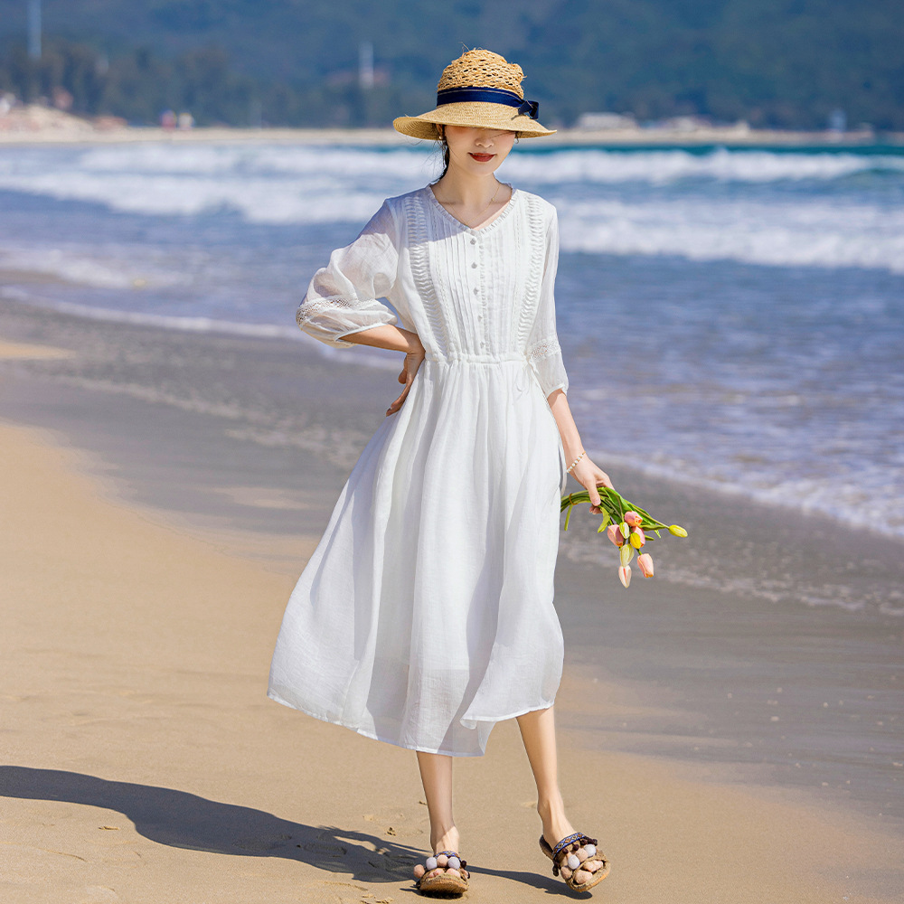 리얼 샷 우아한 화이트 원피스 라미 여름 하이 엔드 해변 싼야 휴일 여행 해변 원피스