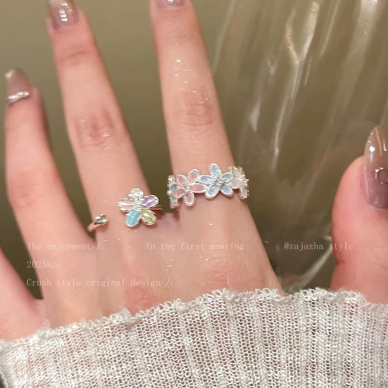 温柔仙女～彩色开口花朵戒指女小众设计感百搭食指戒独特绝美指环|undefined