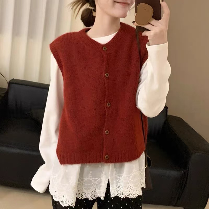 韩系复古圆领针织马甲背心女早春叠穿外搭无袖毛绒款宽松上衣女
