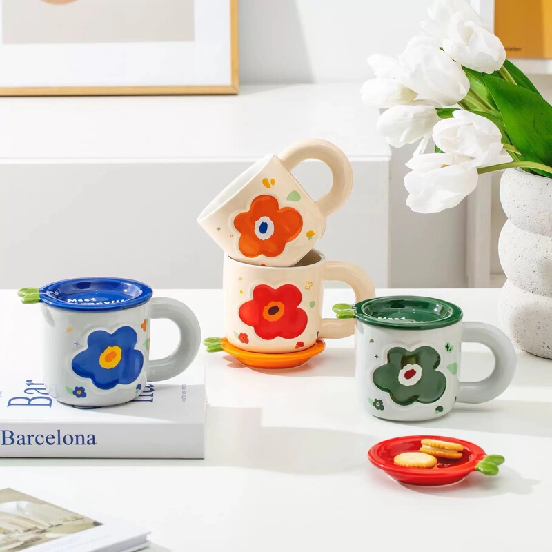 Danish Flower Cup Nordic style ceramic cup with lid student Cup niche design sense Valentine's Day gift mug