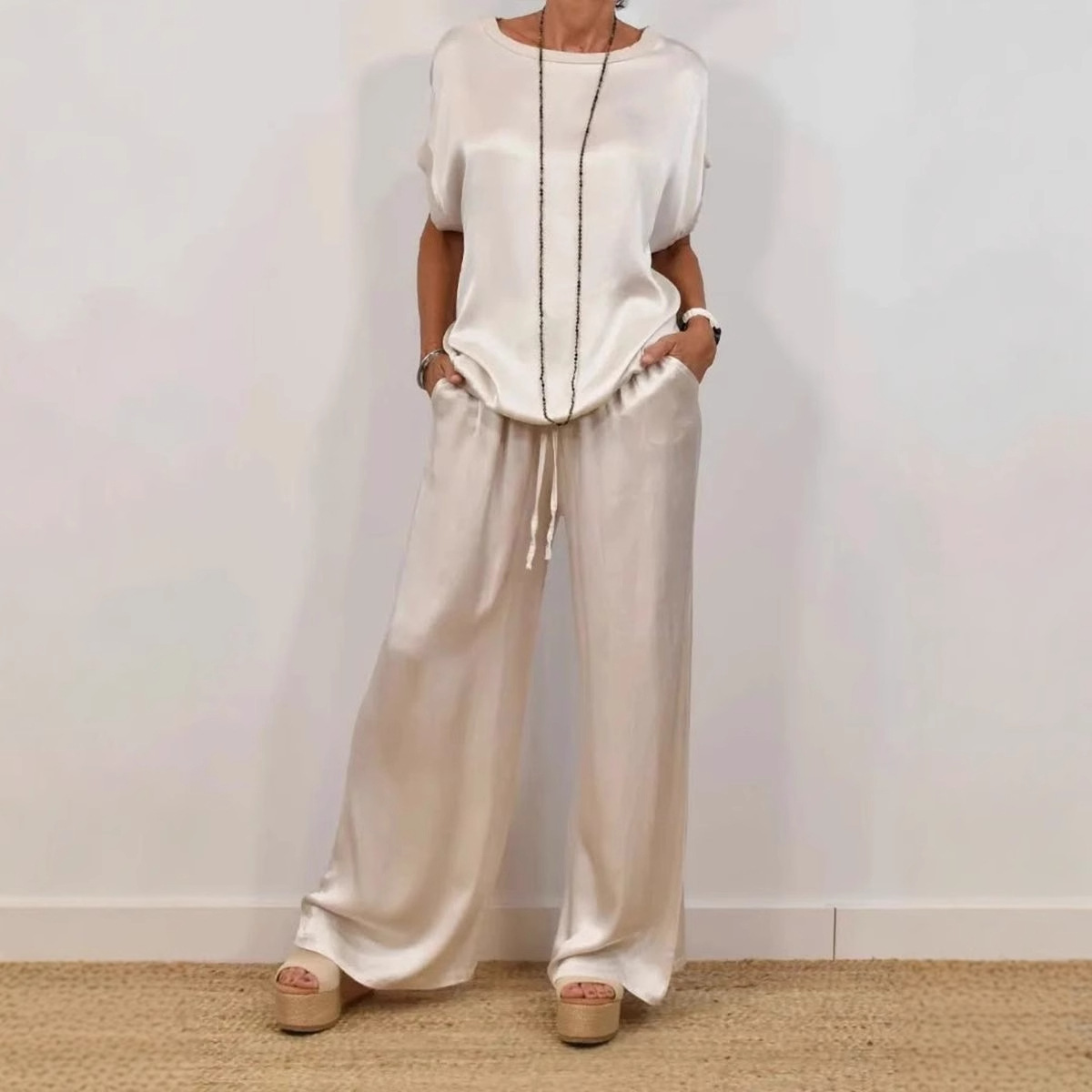 2025春夏欧美跨境女士亚马逊独立站宽松衬衫阔腿长裤休闲套装女