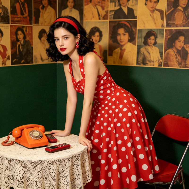 1950S Retro Polka Dot Halter Neck Backless Dress, Hepburn Style Waist-Cinching Annual Party Performance Outfit, Large Hem Gown