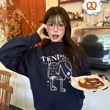 秋冬日韩文艺复古无帽上衣印花设计学生潮流圆领卫衣女装BF风外搭