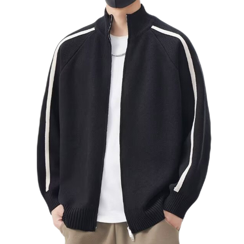 Explosiones transfronterizas de tamaño grande europeo a rayas cardigan suéter de punto chaqueta de hombre chaqueta de doble cremallera fábrica de marea al por mayor