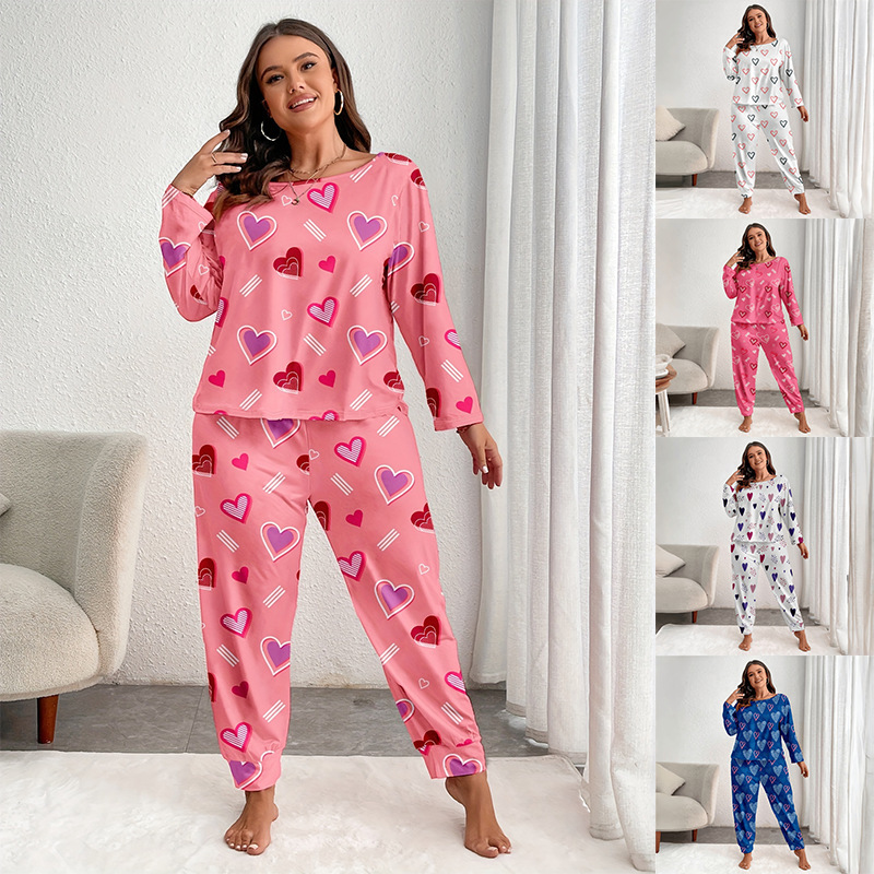 European and American Cross-Border Autumn Heart-Shaped Imitation Cotton Stretchy Women's Plus-Size Loungewear Long-Sleeve Set That Can Be Worn Outside as Pajamas