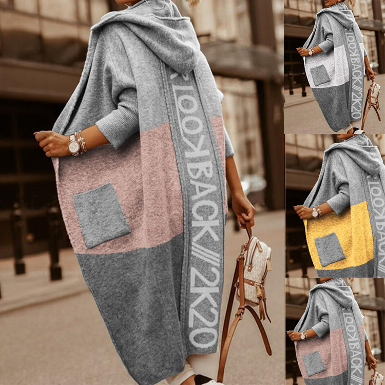 Amazon Sweater Coat Women's European and American Color-block Pocket Casual Personalized Letter Hooded Long Cardigan Amazon Sweater Coat Women's European and American Color-block Pocket Casual Personalized Letter Hooded Long Cardigan