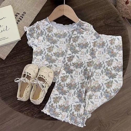 Girls' Sleepwear 2025 Summer Floral Princess Style Little Girls' Home Suit Set Thin Women's Baby Summer Clothing