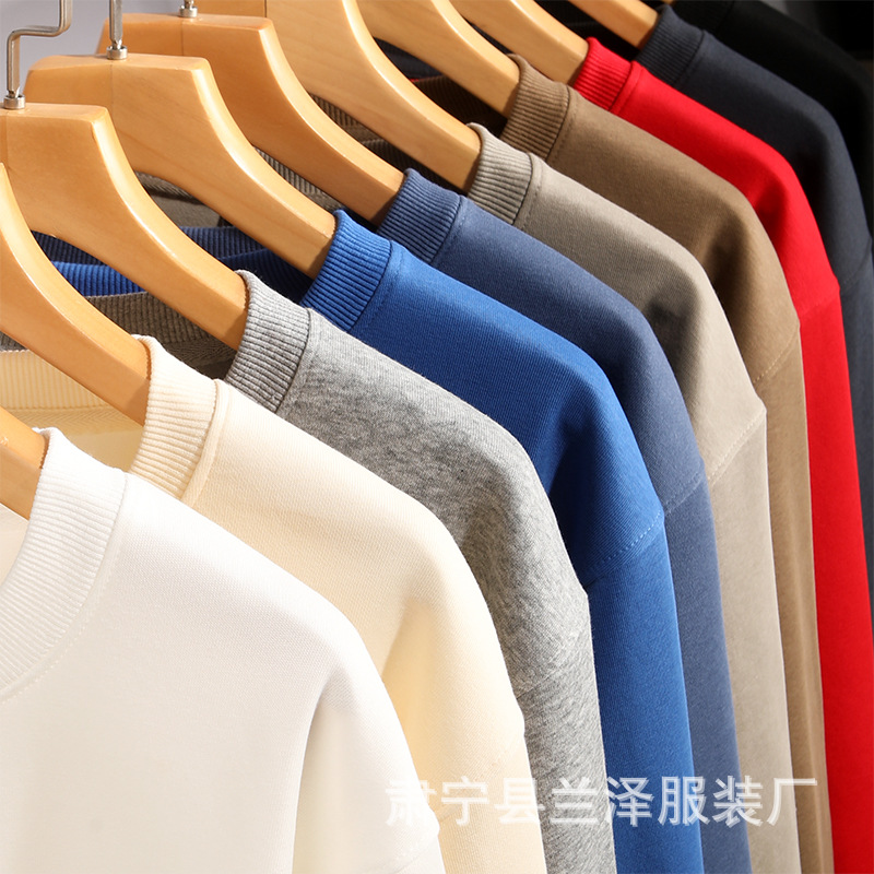 Otoño e invierno 320g algodón chino cuello redondo suéter hombres y mujeres de color sólido caída hombro superior venta al por mayor de gran tamaño de manga larga logotipo impreso