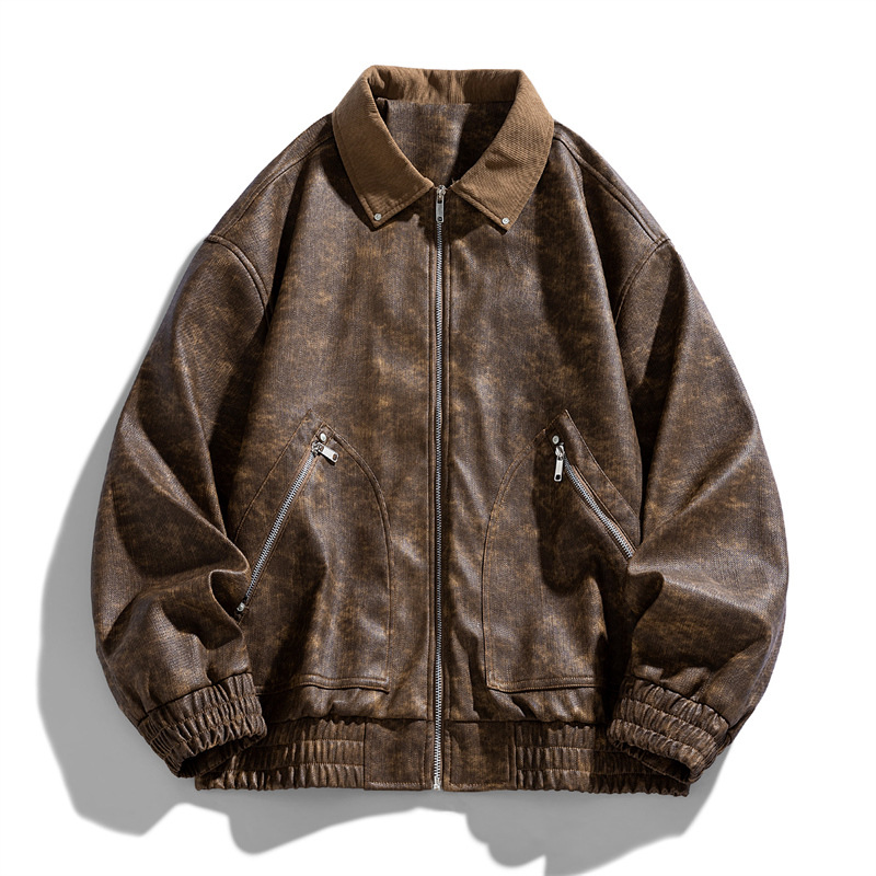 Men's American-style Retro Lapels PU Leather Jacket