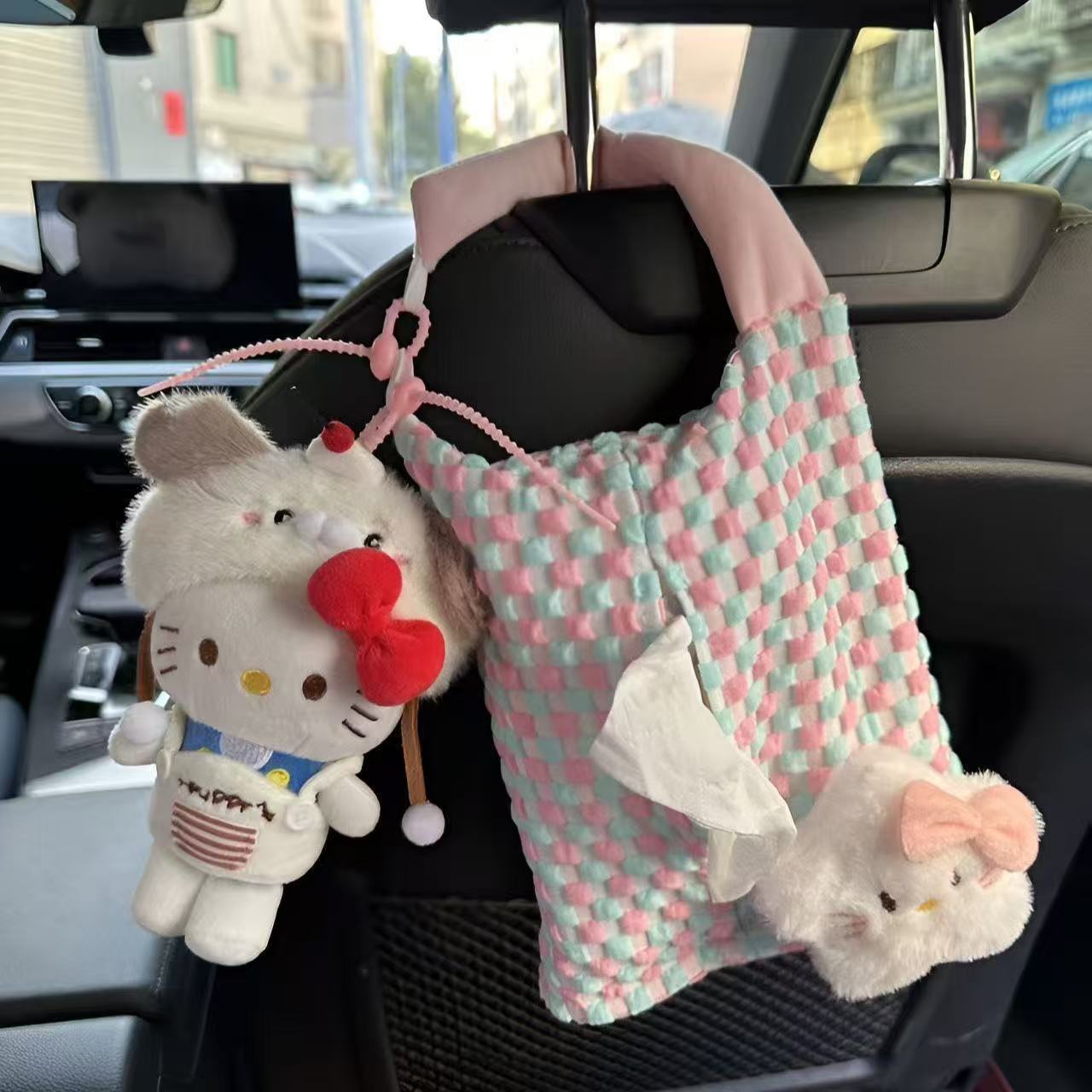Kt Car Tissue Bag Hanging Pouch Cute Doodle Hanging Pouch Car Tissue Box In-Car Seat Storage Hanging Tissue Box