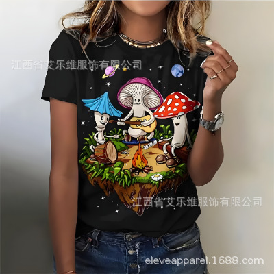 有趣的印花T恤植物图案3D打印女性休闲短袖蘑菇元素圆领T恤女上衣|undefined