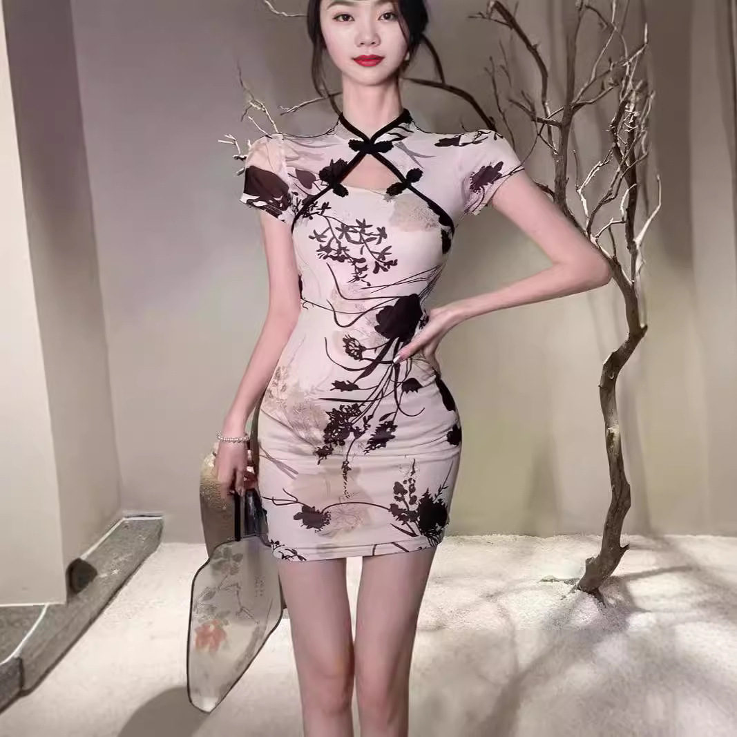 Fashion Simple Qipao Young Girls, High-end Retro Print, Waist-cinching Slimming Improved Chinese-style Dress For Women_ecoleips.com