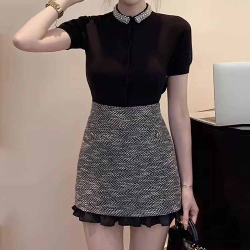Xiaoxiangfeng ファッションスーツ女性のための 2025 夏の新しいスタイル小人年齢削減痩身トップスとスカートツーピーススーツ|undefined