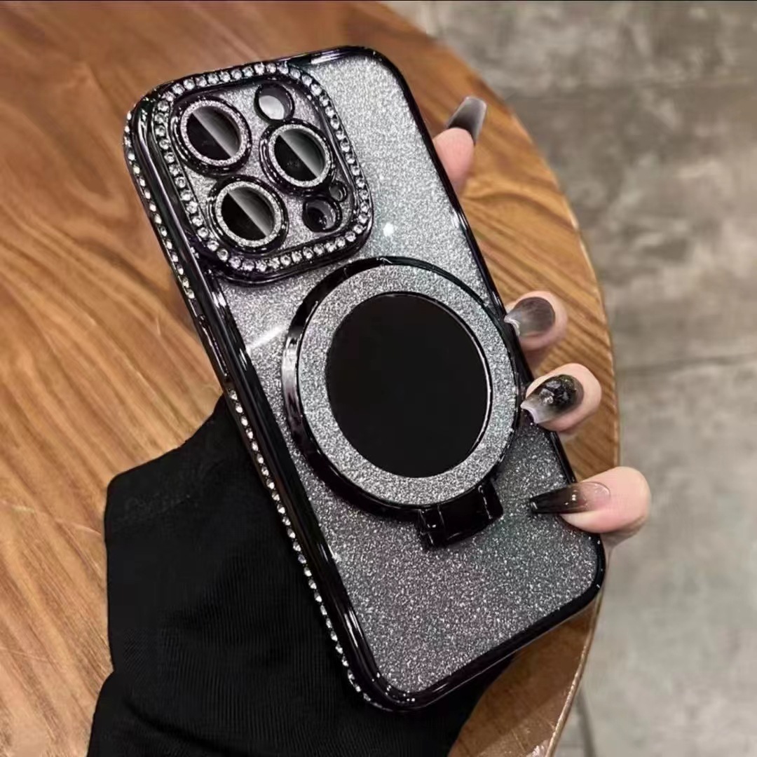 Apple 17PRO polvo de lujo de diamante para iPhone 16E caso de teléfono 15 agua ondulada espejo soporte de absorción