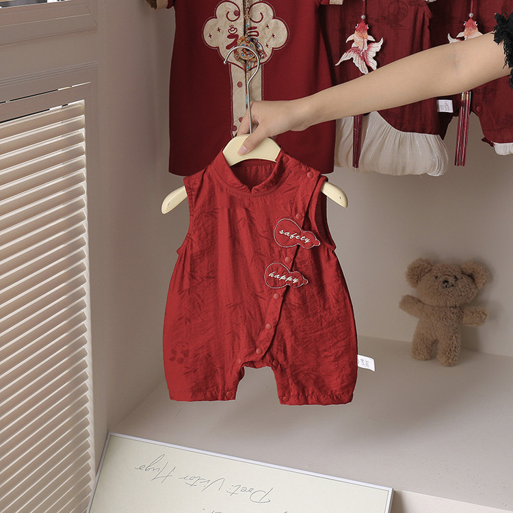 Boys and Girls Baby Summer Thin Sleeveless Chinese Style Climbing Wear Summer Clothing for Baby and Child Chinese Style Red Festive All-Body Clothes