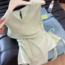 法式薄荷绿压褶收腰系带无袖衬衫女2025新款夏季茶里茶气别致上衣
