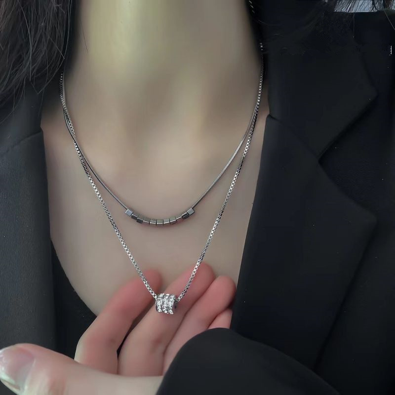 Double Layer Sparkling Diamond Necklace For Women Silver Chain_voghion.com