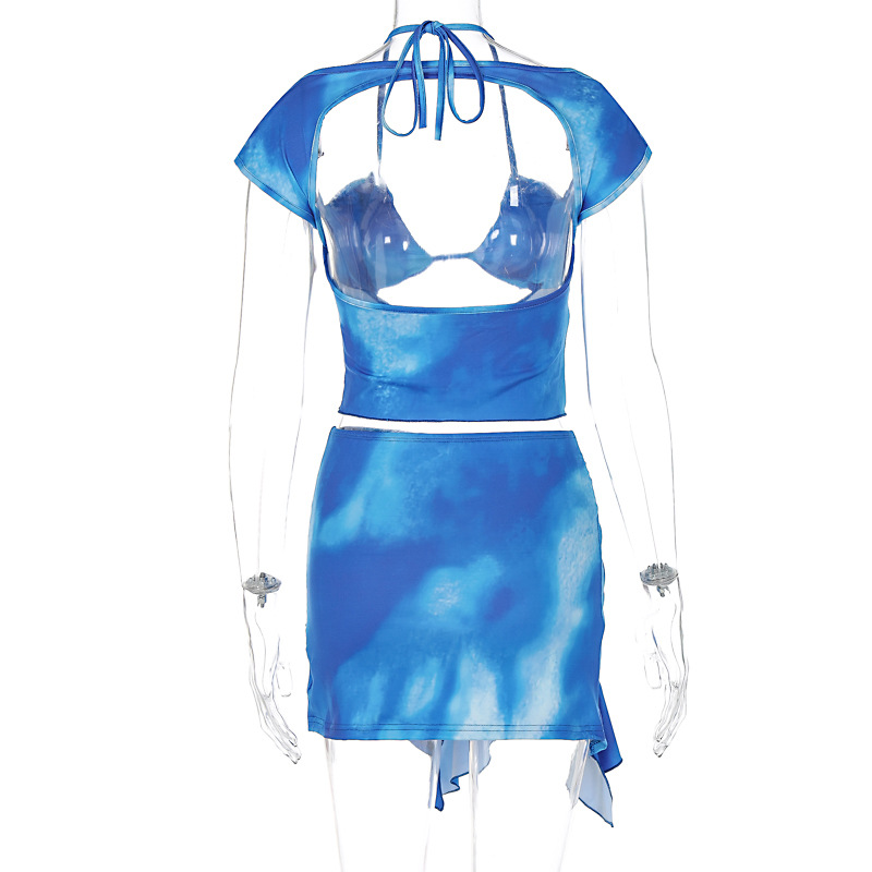 Women Clothing Summer Autumn Wrapped Chest Short Sleeve Lace up Irregular Asymmetric Skirt Set Two Piece Set
