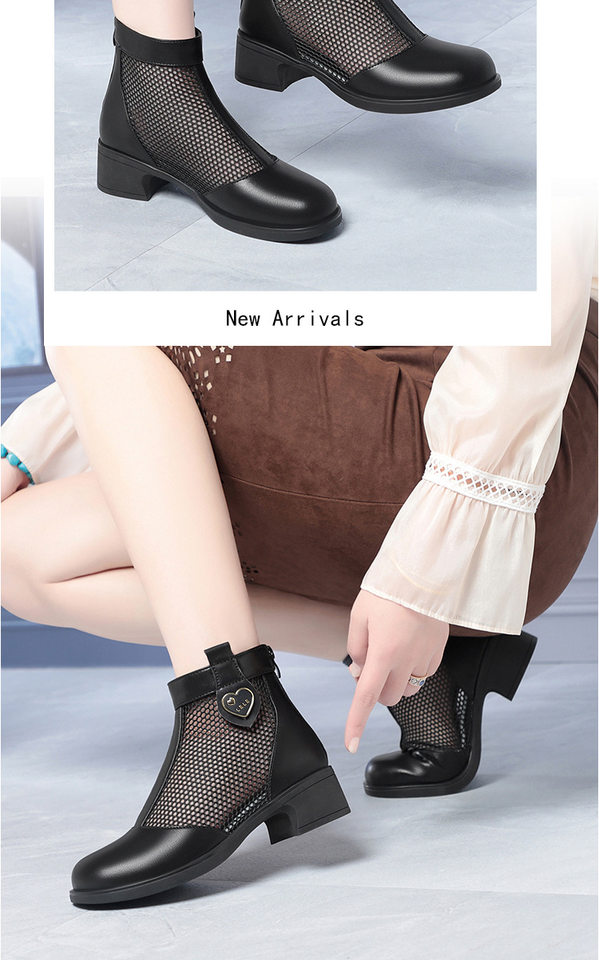 Boot nữ cổ thấp da lưới gót thấp thoáng khí, đế thô chắc chắn — màu đen chi tiết 9