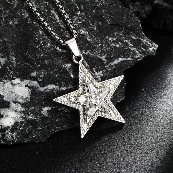 New Rotating Five-Pointed Star Necklace Full of Diamond Pendants for Boys, National Trend, Street Hip-Hop, Popular Stylish, Niche Design