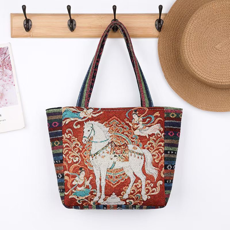 Wholesale Ethnic Style Handbags for Middle-Aged Mothers, New Double-Sided Horse Embroidery Handbags, Small Square Handbags for Women