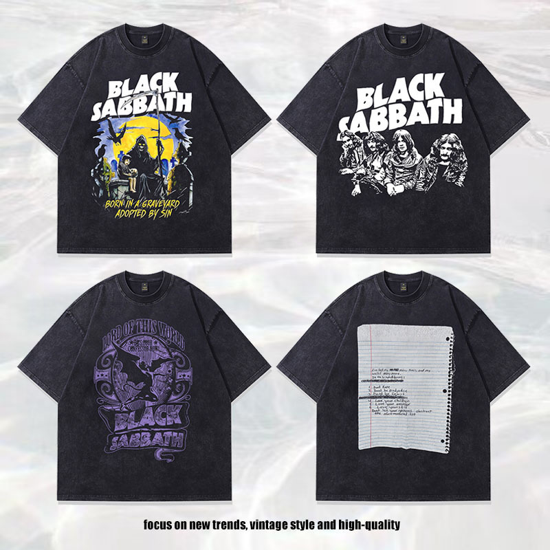 Tkpa American Retro Short-Sleeved T-Shirt Washed Heavy Cotton Rock Print Vintage Vintage Bottoming Top for Men