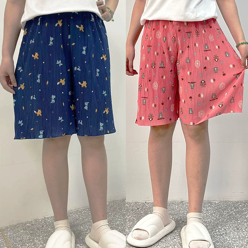 Широкие брюки из ледяного шелка в корейском стиле для женщин, тонкие пижамы весны и лета, драпированные плиссированные милые домашние повседневные брюки с высокой талией и рисунком