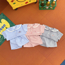 【清仓秒杀】女童夏季套装薄款韩版婴儿格子海军领套装宝宝夏装