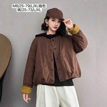 拼色短款棉服 秋冬新款圆领文艺日系加棉外套 休闲棉衣女