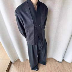 SEAN老钱风春秋季毛呢双扣开衫男女感情侣西服夹克西装外套潮