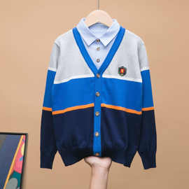 全棉纯棉中大男童假两件套童装春秋冬毛衣衬衫领针织薄款开衫现货