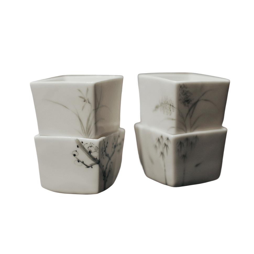 Artesanos de manteca de cerdo blanco taza cuadrada tinta pintada a mano taza de té cuatro caballeros taza de té literatos utensilios de té