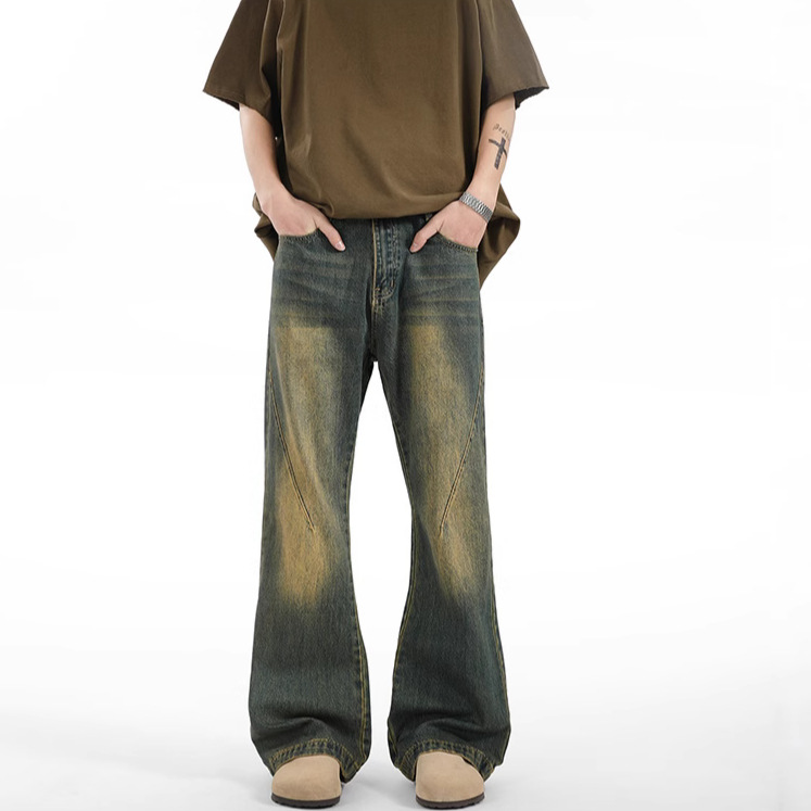Men's Spring and Autumn New Straight Wide-Leg Jeans Hong Kong Fashion Brand American Retro Washed Loose Casual Pants Men's Clothing