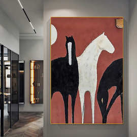 现代复古风毕加索抽象油画马到成功客厅玄关入户装饰画网红落地画
