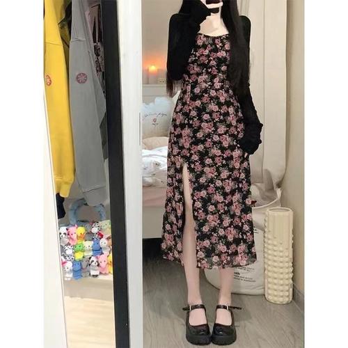 Ladies' Summer Floral Dress Set with Long Skirt and Sleeveless Open-Collared Top, Two-Piece Set with Sun Protection