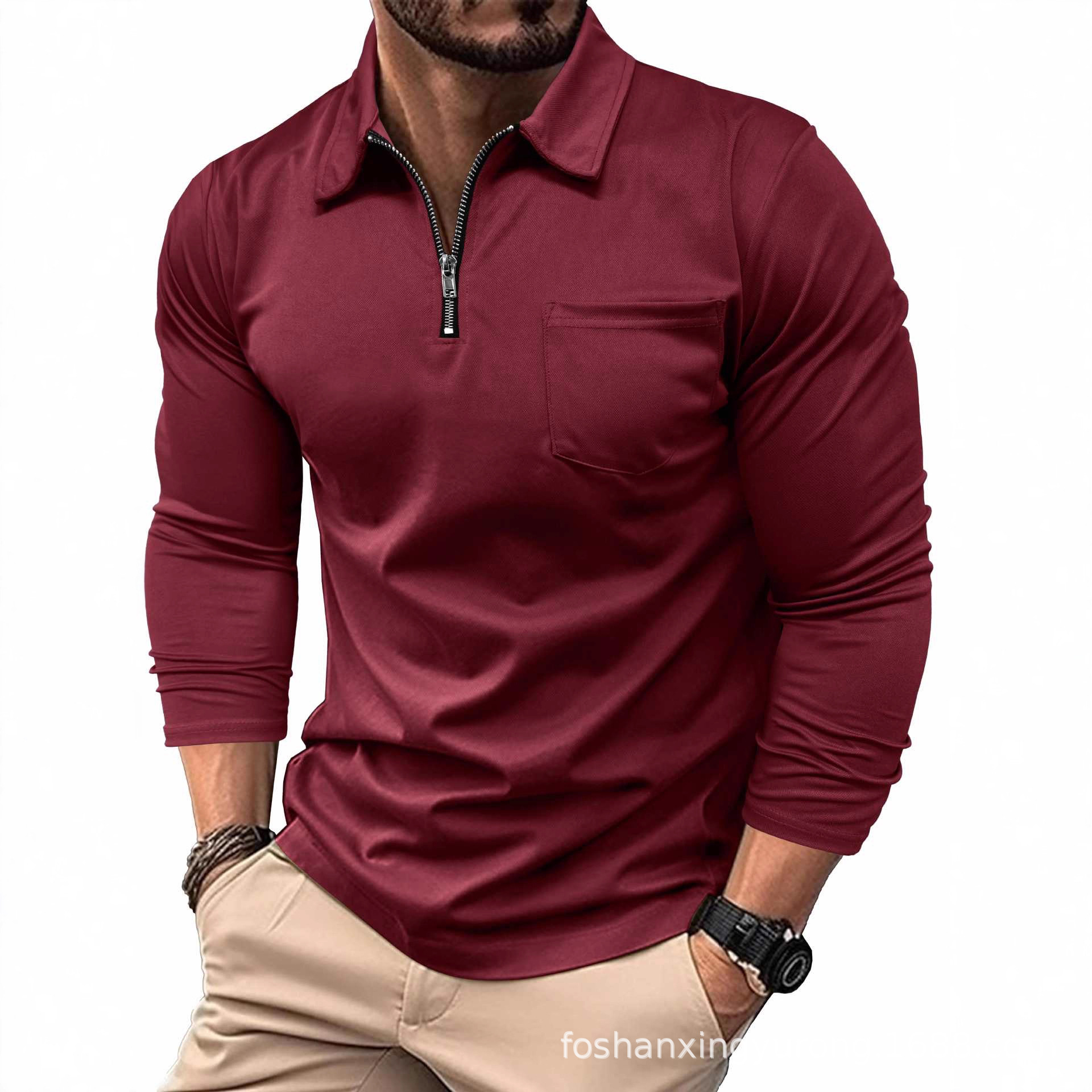 New Zipper Polo Long-Sleeve Men's Tops with Lapels, Cross-Border Foreign Trade In-Stock Wholesale Short-Sleeve European and American T-Shirts