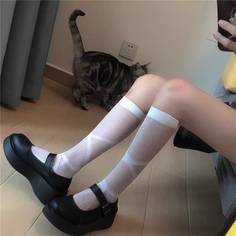Correas cruzadas con lazo de niña suave, calcetines de tubo medio para niña linda, medias de tubo medio lolita lolita jk japonesas