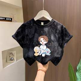 男女儿童夏季扎染帅气纯棉亮片透气上衣中大童洋气卡通打底衫