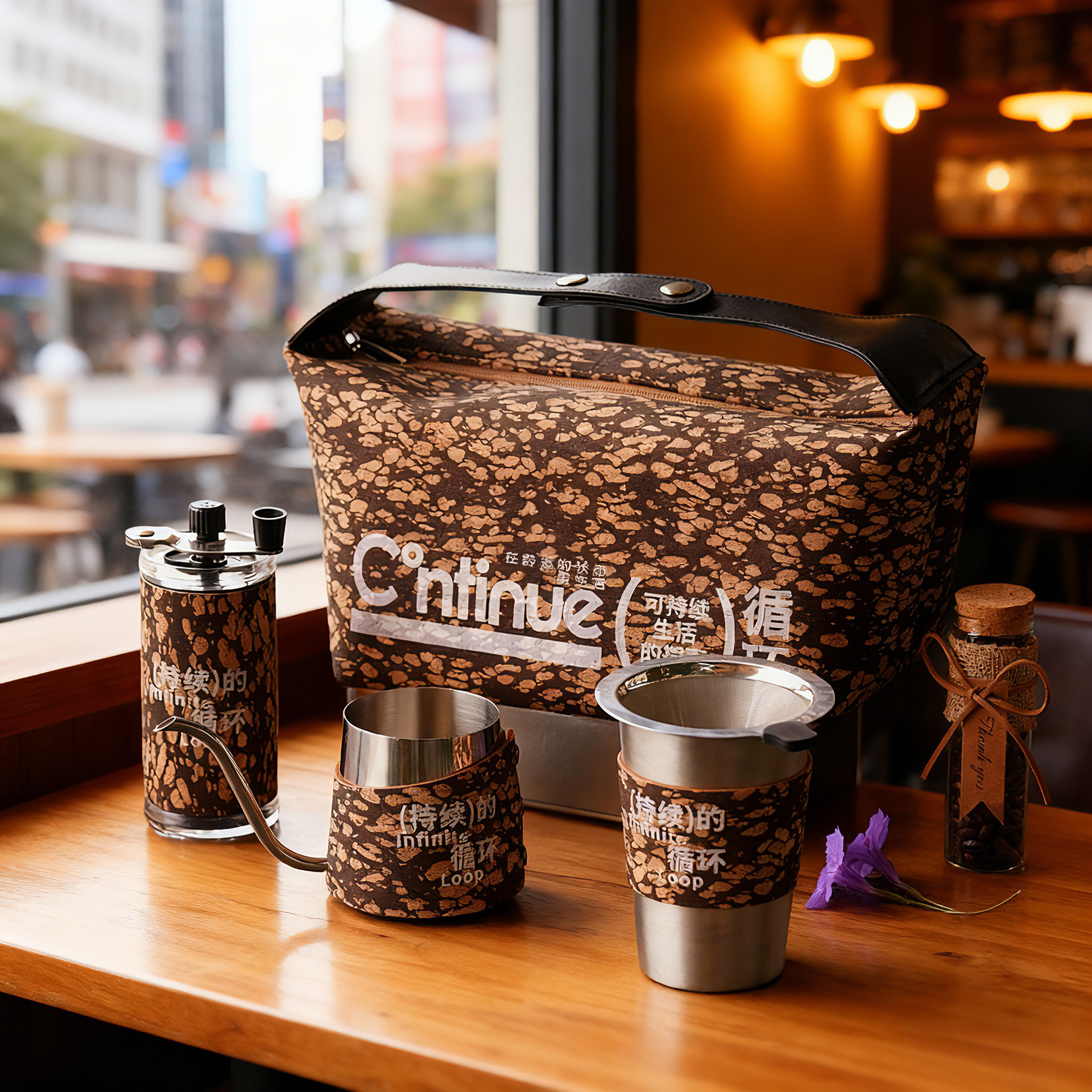 Conjunto de café de lavado a mano portátil agitado molinillo de frijoles caja de regalo utensilios de café de usuario doméstico bolsa de corcho de molas de café