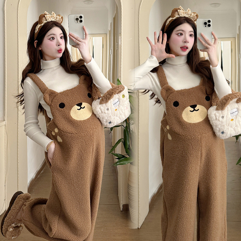 2025 가을 겨울 대형 사이즈 수트 임산부 플러스 벨벳 두꺼운 귀여운 곰 오버올 + 두꺼운 바닥 투피스 수트