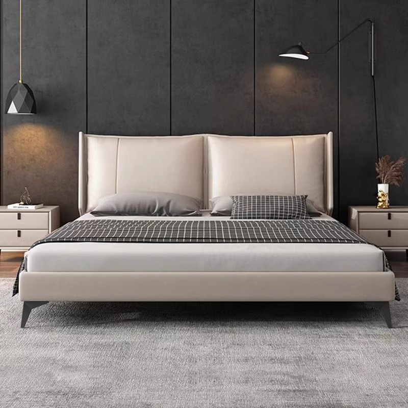 Cama de cuero minimalista italiana, cama de cuero real, dormitorio principal moderno y minimalista, lujo nórdico, cama doble de 1.8m de paquete blando.