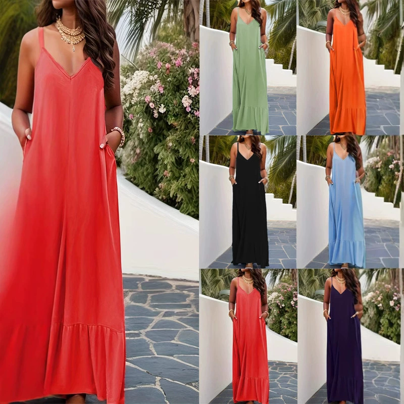 2024 весна и лето, новое европейское и американское трансграничное женское платье Shein Amazon Export, элегантное однотонное платье на подтяжках