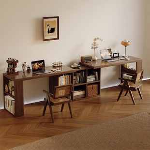 Solid Wood Double Desk Adult Home Study Table Bedroom Long Table Storage Cabinet Integrated Retractable Computer Table