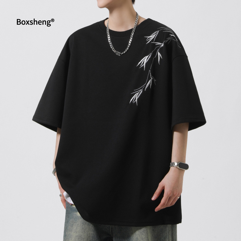 Embroidered Short-Sleeve T-Shirt for Men 2026 New Summer Thin Style Chinese Style Bamboo Design New Chinese Style Niche Half-Sleeve