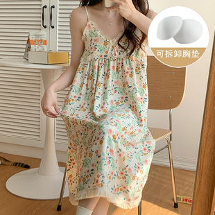 Nightgown Summer Women's Sweet Floral Bubble Wrinkled Pajamas Suspender Breast Pad Summer Women's Outerwear Spring and Autumn Home Clothes
