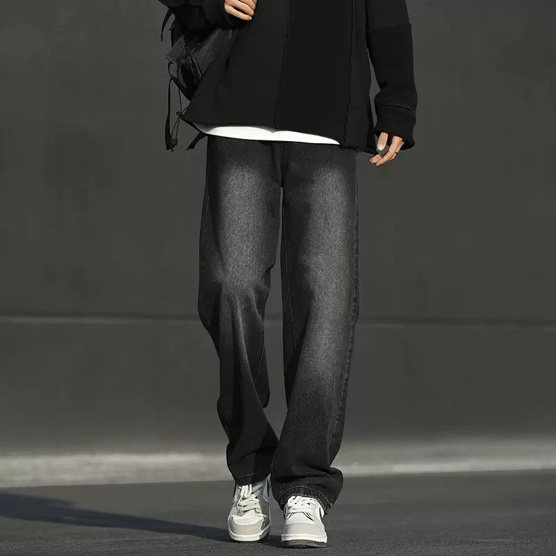 休闲裤男春季新款潮牌长裤棉美式复古蓝洗水牛仔裤男宽松直筒高街