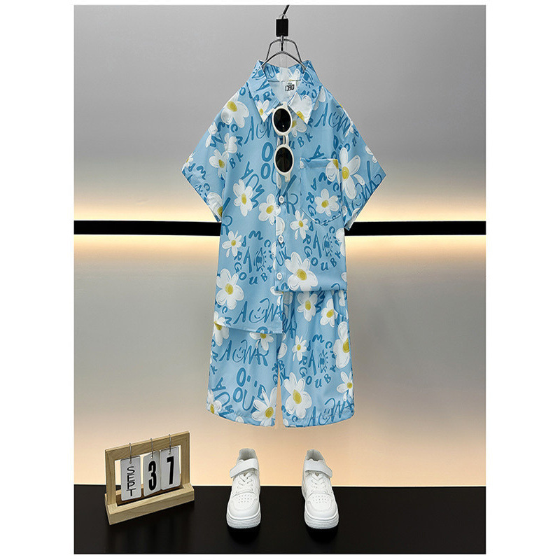New Summer Casual Short-Sleeved Shirt Suit, Trendy and Versatile Loose Shirt, Children's Clothing, Boy's Beach Flower Shirt