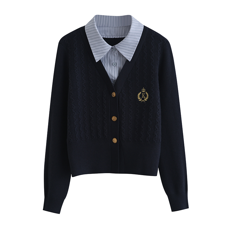 Academy-Style Knitted Shirt with Collar and Fake Two-Piece Design, Women's Spring 2026 New Cardigan Sweater Jacket