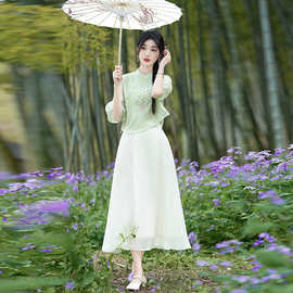 好质量中式刺绣女装中国风禅意茶艺服装上衣色半身裙套装夏